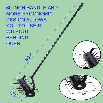 Rolling Manual Lawn Aerator, 58-Inch Handle Push Spike Aerator for Lawns, Yards, and Gardens, Easy Assembly, Reduces Soil Compaction, Enhances Water Absorption Manual Aerator Tool Black