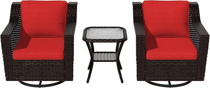 Vista Vibe 3 Pieces Outdoor Patio Conversation Furniture Set - 360 Degree Swivel Glider Rocker Chairs | Wicker End Table, Washable Cushions, Hand-Woven PE Rattan, Lawn, Sunroom (Brown/Red)