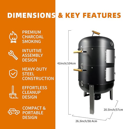 Realcook Vertical Charcoal Smoker Grills: Premium 20.5 Inch BBQ Meat Smokers - Barbecue Charcoal Grill Smoker Combo for Outdoor Cooking Patio Backyard Picnic Party Grilling