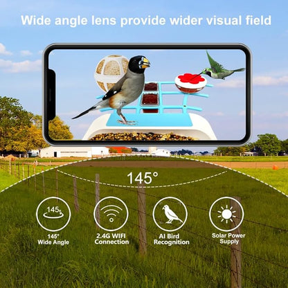 64GB Smart Bird Feeder with Camera Solar Powered, 2K 3MP HD Live Video &Playback on Phone, AI Identify +10,000 Bird Species, 2.4G WiFi Bird Feeder Camera Wireless Outdoor House-Bird Watching (Blue)