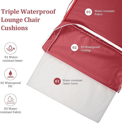 80 x 26in Chaise Lounge Cushions Outdoor Furniture Set of 2 Patio Pool Lounge Chair Cushions 4'' Waterproof Outdoor Double Weather Resistant Detachable Chaise Cushion(Burgundy)