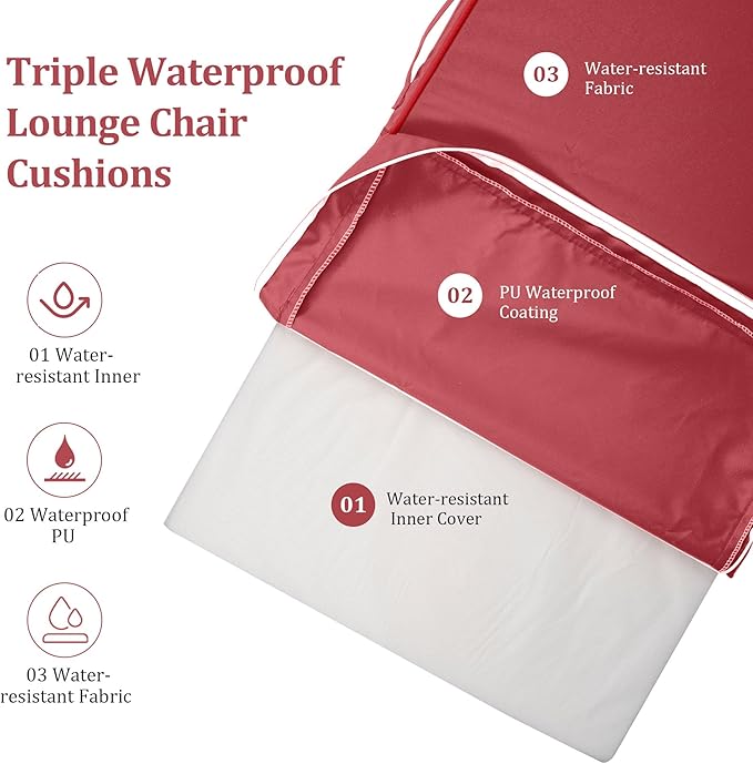Chaise Lounge Cushions Outdoor Furniture 80 x 26 Inch Patio Lounge Chair Cushions 4'' Thick Waterproof Outdoor Chaise Cushion Weather Resistant Pool Lounger Cushion(Burgundy)