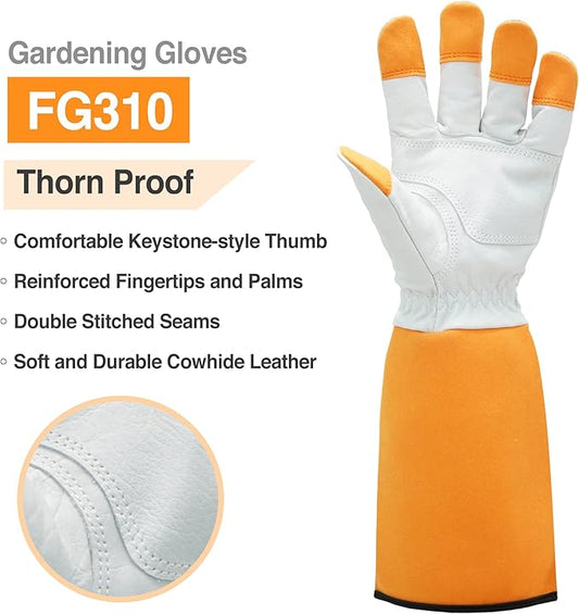DEX FIT FG310 Gardening Gloves for Women & Men, Long Thorn Proof Leather Sleeves Protection, Comfortable, Durable for Cactus, Rose Bush Pruning and Garden and Yard Work; Orange L (9) 1 Pair