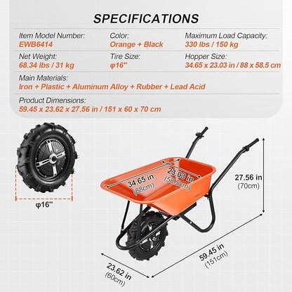 VEVOR Electric Wheelbarrow Cart, 500W Powered Utility Garden Wagon Dump Cart, 4 Cu. Ft. Load & 330 lbs Capacity with Metal Handle & 16" Track Wheels, One Wheel Barrow Yard Cart & Wagons for Lawn Farm