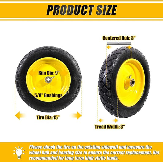 MZREXN 4.80/4.00-8" Flat Free Tire and Wheel, 15" Solid Wheelbarrow Tires, 3.00-4.00/4.80-8" with 5/8" & 3/4" Bearings, 3" Centered Hub for Hand Truck Garden Trailers Utility Cart Yard Wagon Yellow