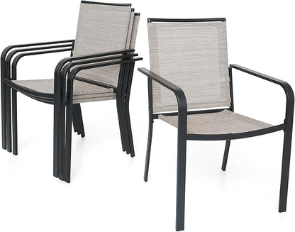 5-Piece Outdoor Patio Dining Set, 40-Inch Round Glass Table with 4 Stackable Chairs, Beige Grey