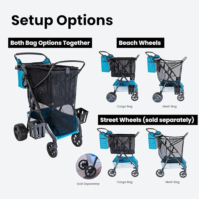 Strolee Large Wheeled Collapsible Beach Cart for Soft Sand, Shopping, Camping & Garden- Lightweight Aluminum Frame- Removable Storage Bag with Carrying Straps, X-L Capacity & Cooler Rack Dark Grey