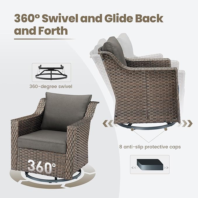 Outdoor Patio Table and Chairs Set - 3 Piece Outside Wicker Conversation Bistro Dining Furniture Sets with Glide Rocking Swivel Chair and Glass Top End Tables for Front Porch Balcony Yard – Brown/Grey
