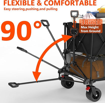 400L Large Double Decker Wagon Collapsible, 450lbs Beach Wagons Carts Foldable Heavy Duty, 54" Extended Utility Folding Cart for Camping, Garden, Sports, Grocery, Shopping