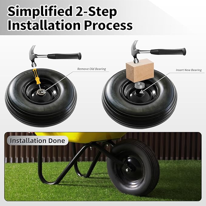Wheelbarrow Wheel 13 Inch Flat Free 4.00-6 Solid Tire, Replacement Heavy Duty, with 5/8" and 3/4" Bearings 1.75" Center Hub, fits Garden Cart, Dolly, Hand Truck, Trailer, Utility Wagon, 1 Pcs