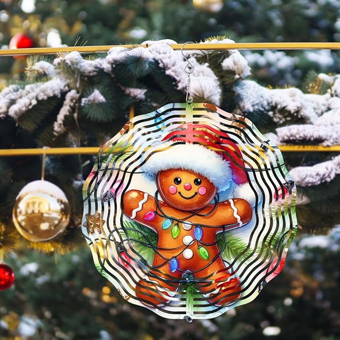 3D Gingerbread Wind Spinner 10 Inch Kinetic Wind Spinners Hanging Stainless Steel Holiday Ornament for Festive Home and Garden Christmas Decor