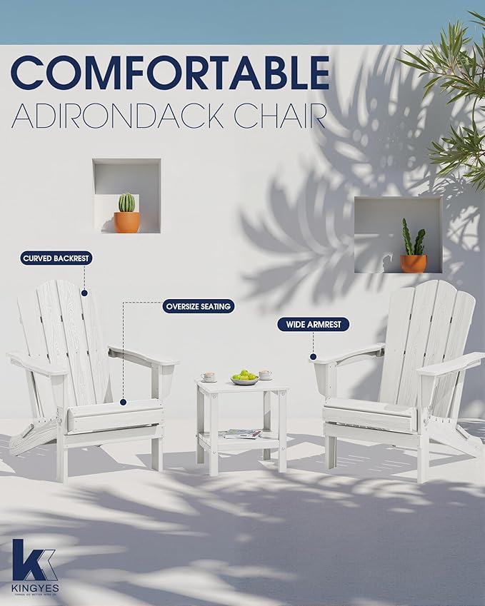 KINGYES Folding Adirondack Chair Set of 8, HDPE All-Weather Folding Adirondack Chair, White