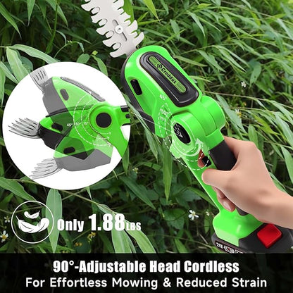 Cordless Hedge Trimmer, 2-in-1 Handheld Electric Hedge Trimmer/Grass Shears for Garden,Yard and Lawns, Shrub Trimmer with 2 PCS Rechargeable Battery&Charger (Green)