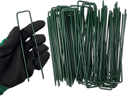 150Pcs Metal Garden Landscape Stakes 6 Inch Landscape Staples,Green Baked Enamel U Stakes for Ground for Weed Barrier,Outdoor Decoration,Tarps,Irrigation Pipes Fixed