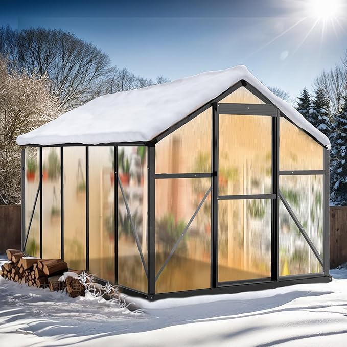 VINGLI 6x10 FT Greenhouse for Outdoors, Twin-Wall Translucent Heavy Duty Polycarbonate Greenhouse Kit with 5 Roof Vents, Weather Resistance for Plants Protection, for Home Gardening (Black, 6x10 FT)