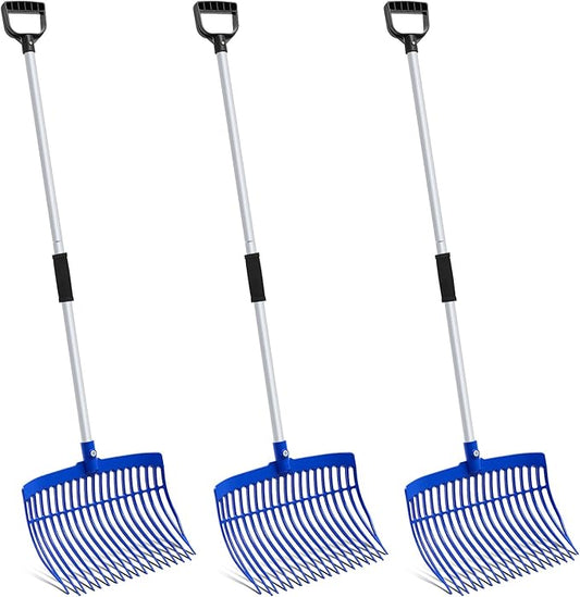 Lasnten 3 Sets Blue Manure Fork with Long Metal Handle Pitch Fork Manure Rake Heavy Duty Muck Rake for Gardening Horse Stall Stable Grass Hay Cleaning Farm Work(D Shaped Grip)