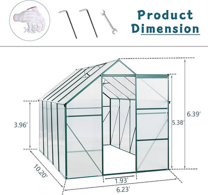 Favfurish 6X10 FT All Season Heavy Duty Walk-in Greenhouses, Outdoor Polycarbonate Plants Green House for Backyard Garden, Sliding Door Raised Base Anchor Aluminum, Green