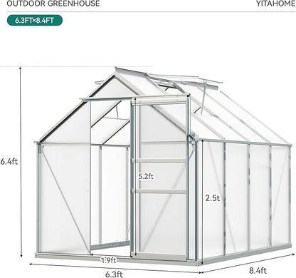 YITAHOME 6x8FT Polycarbonate Greenhouse Heavy Duty Green Houses Outdoor Aluminum Greenhouses with Sliding Doors Vent Window Walk-in Greenhouse Large Sun House for Garden Backyard, Matte Silver