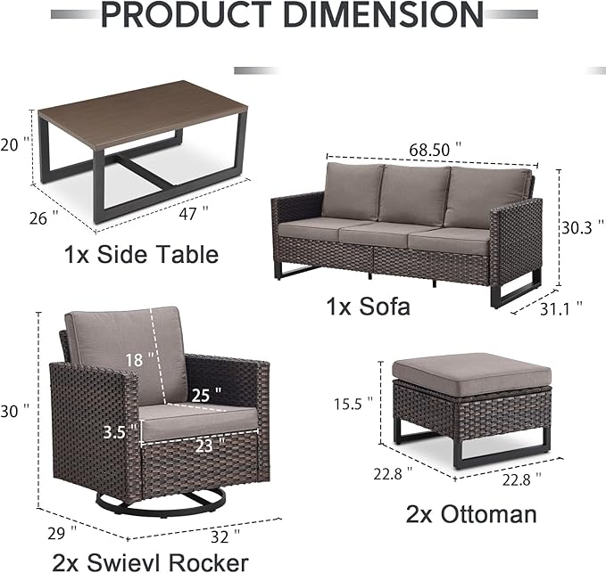 6 Piece Wicker Patio Furniture Set - Outdoor Swivel Rocker Chairs Set with Coffee Table, 3 Seat Sofa & Ottomans, Small Patio Conversation Sets Proch Furniture for Balcony Deck - Brown/Grey