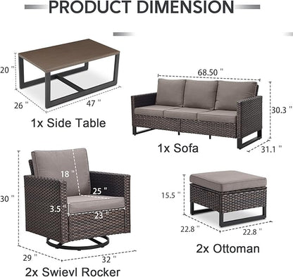6 Piece Wicker Patio Furniture Set - Outdoor Swivel Rocker Chairs Set with Coffee Table, 3 Seat Sofa & Ottomans, Small Patio Conversation Sets Proch Furniture for Balcony Deck - Brown/Grey