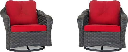 Wicker Swivel Rocking Chairs Set 2, Outdoor Brown Wicker Swivel Glider Chair Outdoor Rocking Chair with Water-Resistant Cushions, Red