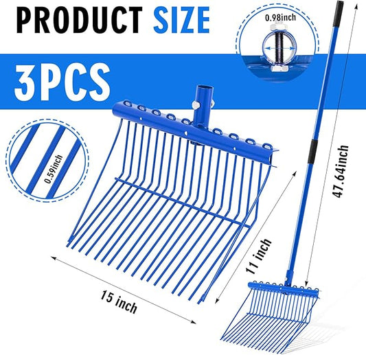 Lasnten 3 Sets Metal Manure Fork with Long Metal Handle Pitch Fork Manure Rake Heavy Duty Muck Rake for Gardening Horse Stall Stable Grass Hay Cleaning Farm Work (Blue)