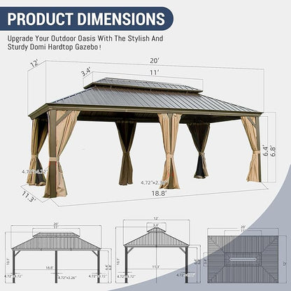 12' x 20' Hardtop Gazebo Outdoor Aluminum Gazebos with Galvanized Steel Double Canopy for Patios Deck Backyard,with Curtains&Netting by domi outdoor living