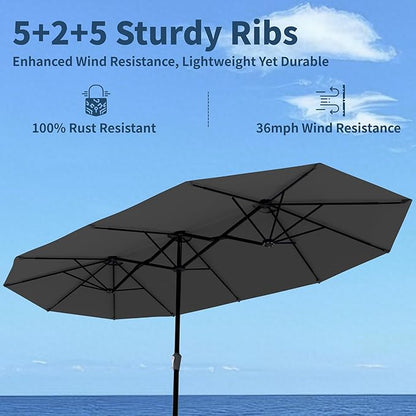 15FT Double Sided Patio Umbrella with Base Included Large Outdoor Market Umbrella with Crank Handle, UV Resistant Canopy, Sturdy Frame for Garden, Poolside, Deck, Gray