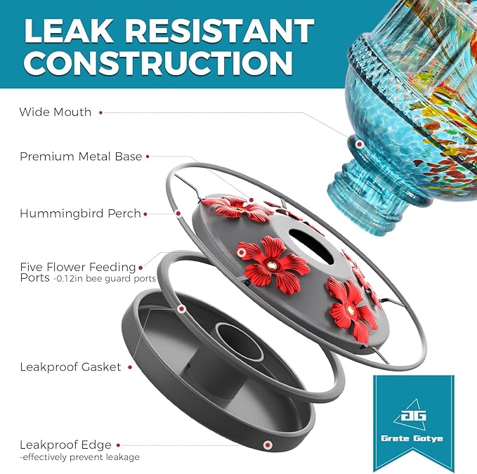 Hand Blown Glass Hummingbird Feeders for Outdoors, 25 Ounces Wild Bird Nectar Feeder with Perch & 5 Flower Feeding Ports Leak Proof Hanging for Garden Backyard Decor, Gifts for Women Mom, Blue