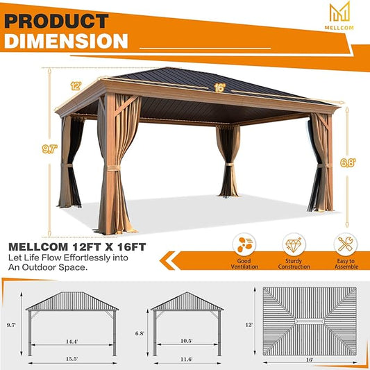 MELLCOM 12'x16' Gazebo, Wood Looking Gazebo with Aluminum Frame and Single Galvanized Steel Roof, Outdoor Permanent Metal Pavilion with Curtains and Nettings for Deck, Backyard and Patio