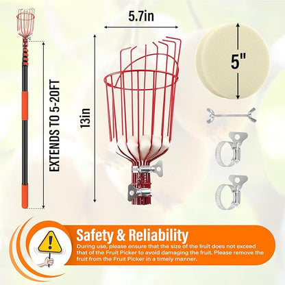 26FT Reach Fruit Picker Pole with Basket Telescoping,Apple Picker Pole with Basket,Lightweight Aluminum Pole Fruit Catcher for Trees,Orange Picker Suit for,Pear,Lemon,Mango,Guava,Avocados