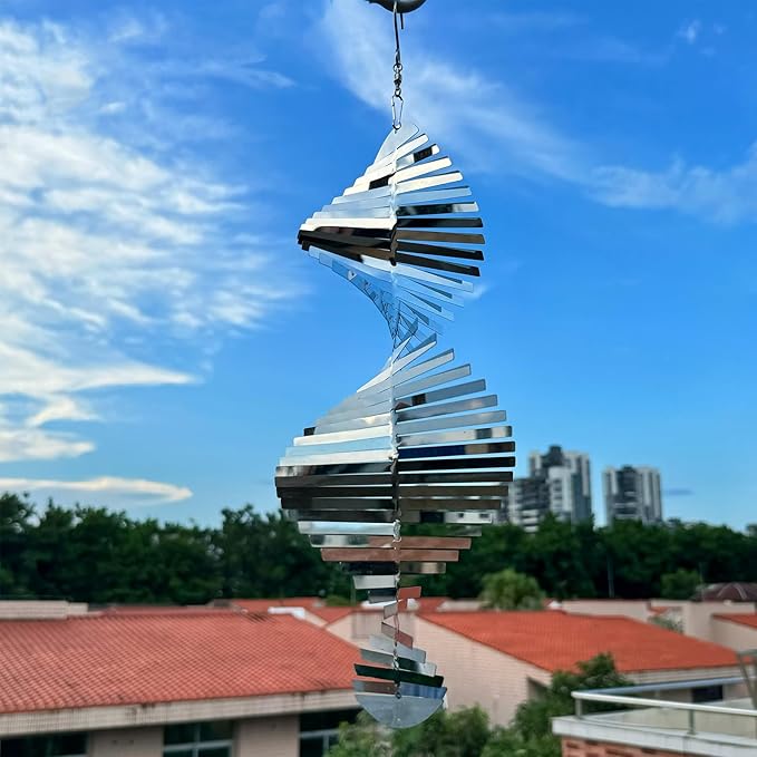 Hanging Wind Spinners,3D Spiral Highly Reflective Stainless Steel Metal Wind Spinner Outdoor Garden Decor,Decorations to Scare Away Yard Birds 13.8in