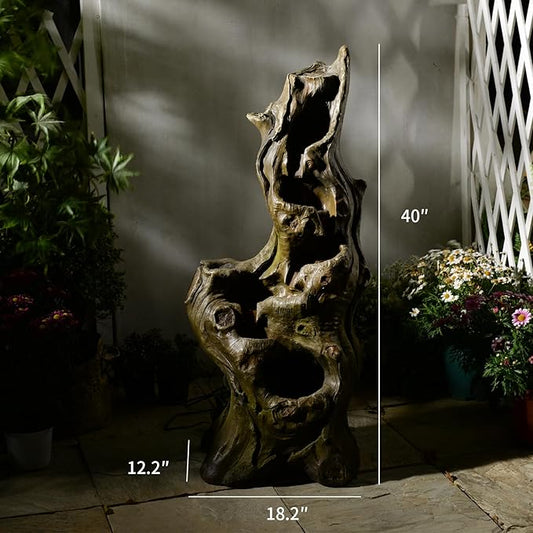 Water Fountain Outdoor 5-Tiers Large Cascading Realistic Tree Trunk Natural Waterfall Outdoor Fountain Resin Imitation Wood with LED Lights for Garden, Patio, Porch