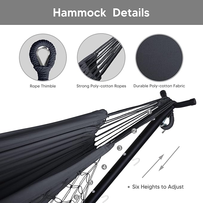 SUNCREAT 2-in-1 Hammocks Convertible Portable Double Hammock with Stand Included, Outdoor Hammock and Stand, Patent Pending, Dark Grey with Tassel