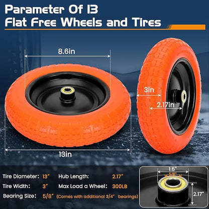 13" Flat Free Wheels Replacement for GOR Garden Cart Tires and Wheels, 4.00-6 Solid Tires and Wheels with 5/8"Bearings, 13" No Flat Wheels for GOR Garden Carts/Hand Trucks/Garden Carts（Orange）