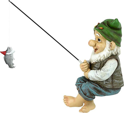Design Toscano Ziggy with Fishing Pole Garden Gnome Indoor/Outdoor Shelf Sitter Statue, 9 Inch Tall, Cast Stone Resin, Full Color Finish