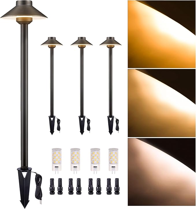 Gardenreet Outdoor Brass Pathway Lights, Warm & Neutral White Adjustable Low Voltage Landscape Path Lighting, 12v Walkway Light LED Waterproof, Bronze for Outside Garden Yard with G4 Bulb (4 Pack)