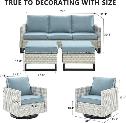 HUMMUH Patio Furniture Set 5 Piece Outdoor Sectional Sofa,PE Wicker Patio Swivel Rocker Chairs with Ottomans for Porch,Garden,Backyard