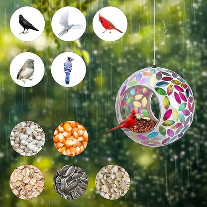 Yinns Bird Feeder - Mosaic Glass Birds Feeder Outside Hanging, Fly Through Bird Feeder with Oval Stained Glass, Outdoor Garden Decor, 6.5 inch Colorful