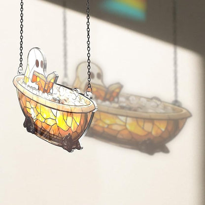 2 Boo Bathtub Acrylic Suncatchers, Gothic Cute Ghost Reading Book Window Hanging Ornaments, Halloween Horror Home Decor Witch Handmade Wall Art, Gift for Women Mom Friends Family