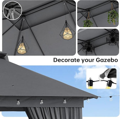 Outdoor Gazebo Metal Frame Patio Pergola Double Roofs Patio Canopy with Double-Layer Door and Mosquito Netting for Deck, Backyard, Lawn (Grey, 10x12FT)