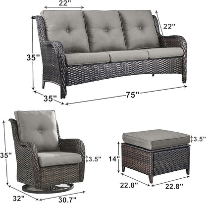 Outdoor Wicker Patio Furniture Set - 5 Piece Rattan Patio Conversation Set with 2 Rocking Swivel Chairs,2 Ottomans and 1 Sofa for Porch Deck Backyard Garden(Brown/Grey)