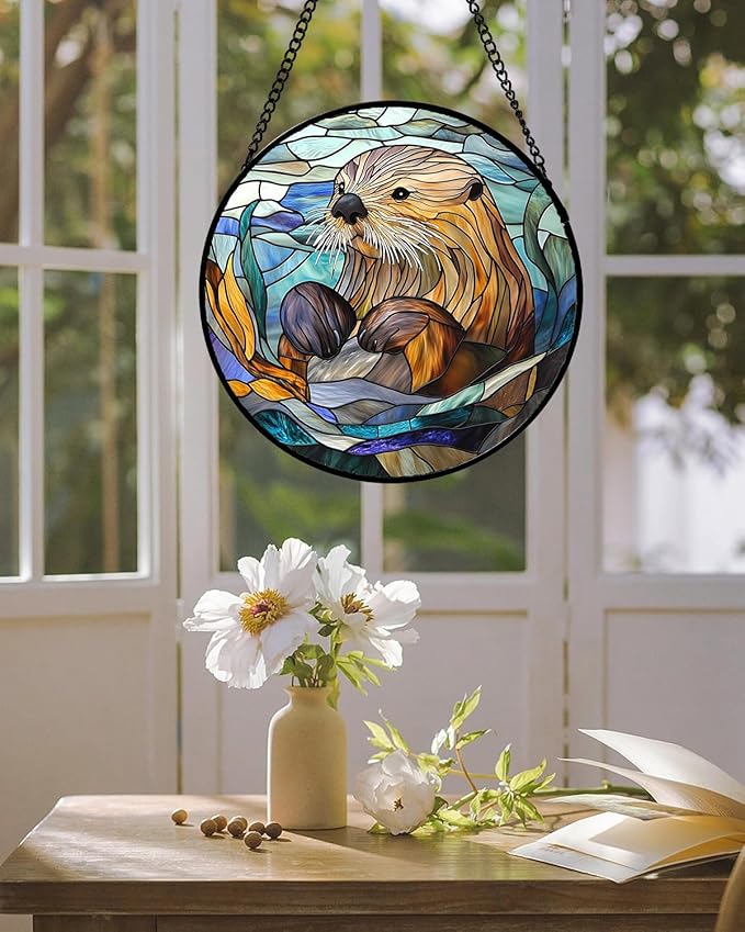 Stained Glass Suncatcher, Blue Ocean Cute Sea Otter Sun Catcher Stain Glass Window Hanging Decoration Mother's Day Birthday Gifts for Women Men Mom Nana 7.8 in