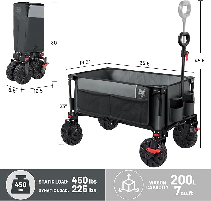 Timber Ridge Outdoor Collapsible Wagon with Brakes Utility Folding Cart Heavy Duty All Terrain Wheels for Shopping Camping Garden with Side Bag and Cup Holders, Grey