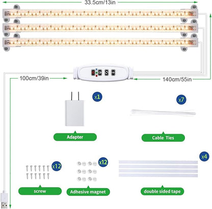 LED Grow Light Strips, Full Spectrum Plant Growing Lights for Indoor Plants 3500K, 144 LEDs Plant Lamp with 3/9/12H Timer, 10 Dimmable Levels, 3 Head 13 Inches