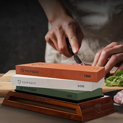 Extra Large Knife Sharpening Stone Kit - YeopAsda Thickered 3 Side Grit 400/1000/6000 Xl Wet Stone - Whetstone Knife Sharpener with Non-Slip Wood Base, Angle Guide, Cut Resistant Gloves