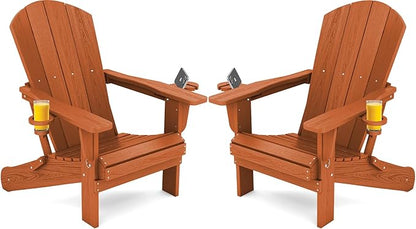 SERWALL Adirondack Chair with Cup Holders - Composite Adirondack Chairs Set of 2 HDPE Outdoor Chairs All Weather Use- Orange