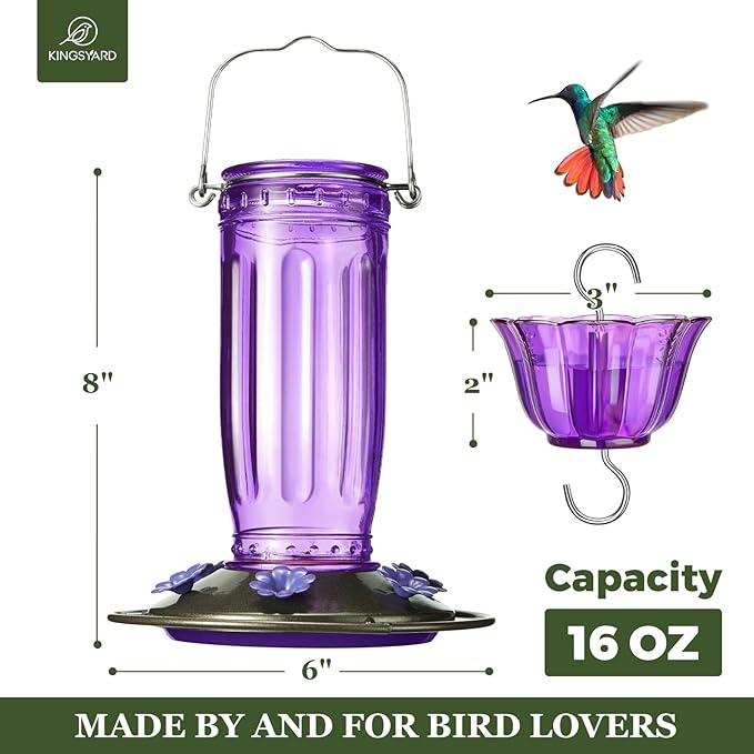 Kingsyard Glass Hummingbird Feeder for Outdoors Wild Bird Feeder with 6 Feeding Ports Hanging for Garden Yard, Purple (Ant Moat Included)