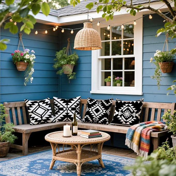 Cirzone Outdoor Pillow Covers 18x18 Set of 4 Morden Black Geometric Patterns Waterproof Throw Outdoor Pillows Boho Decorations for Funiture Patio Garden Home