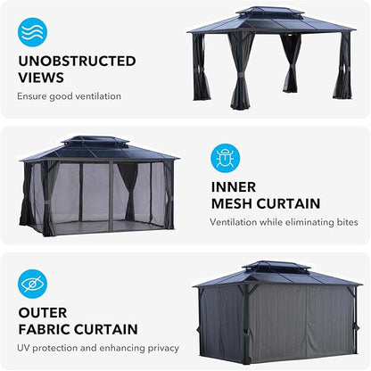 LeDoasis 10' X 13' Hardtop Gazebo, Outdoor Permanent Polycarbonate Double Roof Canopy with Breathable Netting & Privacy Curtain for Patio Backyard Garden Lawn Party